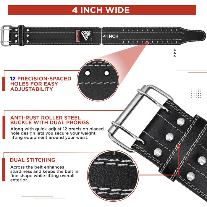 Шкіряний пояс для важкої атлетики RDX 4 дюйми, схвалено IPL USPA, 12 регульованих отворів 6 мм пряжка тренувального ременя, пауерліфтинг Фітнес Силові тренування Бодібілдинг, важка атлетика з м'якою підкладкою, чоловіки Жінки БІЛИЙ M