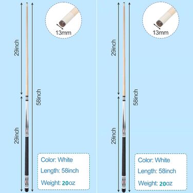 Унцій Більярдний кий з наконечником 13 мм, набір з 2 шт. , чорний або білий, 1/2 кленових київ Більярдний кий для басейну, більярдний кий для чоловіків і жінок. (2 * білий 20 унцій), 58 19 20