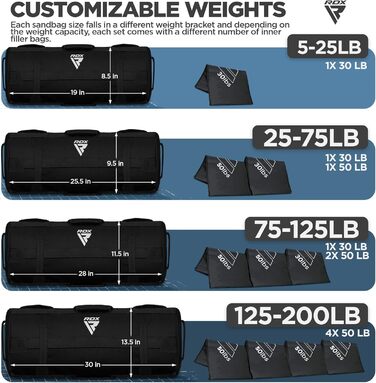 Ваговий мішок RDX для фітнес-силових тренувань, 8 ручок, зважений мішок Core Sandbag, 2-90 кг, ідеальний для багатьох тренувань (чорний, 50-125 фунтів)