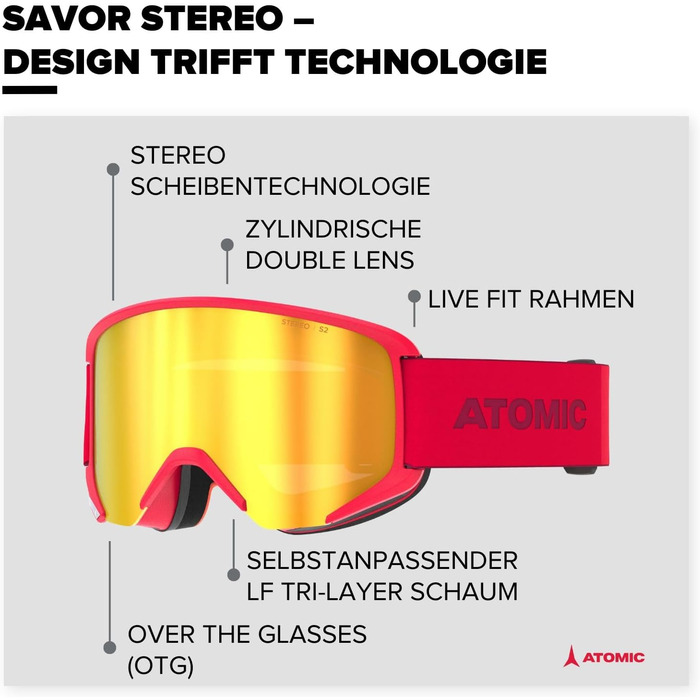 Гірськолижні окуляри ATOMIC SAVOR STEREO - Чіткий зір і захист від відблисків - Високоякісне дзеркальне покриття - Оправа Live Fit - Поверх окулярів сумісна для тих, хто носить окуляри (червоний)