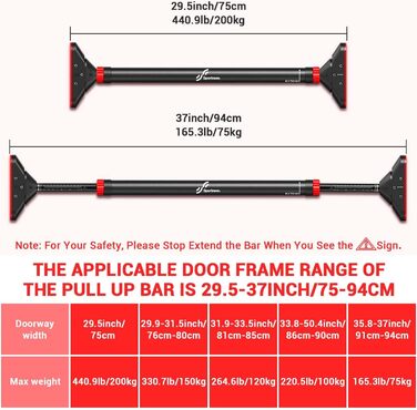 Дверна рама Sportneer Pull-up Rig, вантажопідйомність турніка до 200 кг, дверна коробка з горизонтальною планкою без гвинтів 75-94 см висувна, дверна планка з ПВХ-килимками 16,5x4,5 см і новим замком шестерні, що обертається на 360