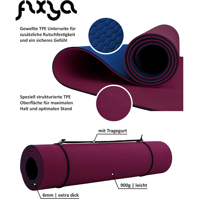 Килимок для тренувань FLXYA TPE Yoga Mat без фталатів 183 x 61 x 0,6 см, додатково з NBR Yoga Pad 25 x 61 x 1.5 см, не ковзає, подушки для фітнесу Подушка для коліна Подушка для йоги Килимок для занять спортом Пілатес малий ремінь для перенесення (баклажа