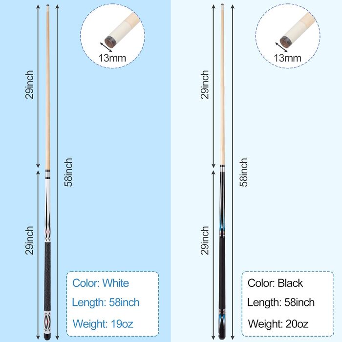 Більярдний кий Sinsilvie 58 19 20 унцій з наконечником 13 мм, чорний або білий, 1/2 кленових київ для більярду, більярдний кій, більярдний кий для чоловіків і жінок. (Білий 19 унцій і чорний 20 унцій)