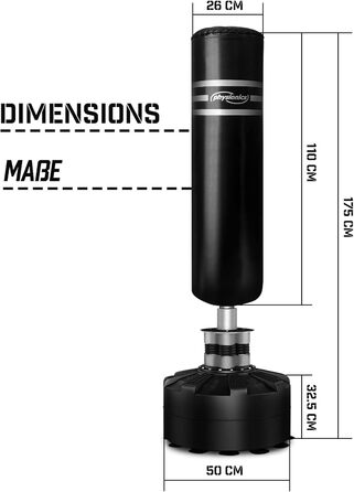 Боксерська груша Physionics стоячи - Вільностояча, Наповнена, 175 см, Дорослі/Підлітки, Муай Тай/ММА/Кікбоксинг, З присоскою, Чорна - Боксерська груша, Боксерська груша, Боксерська груша