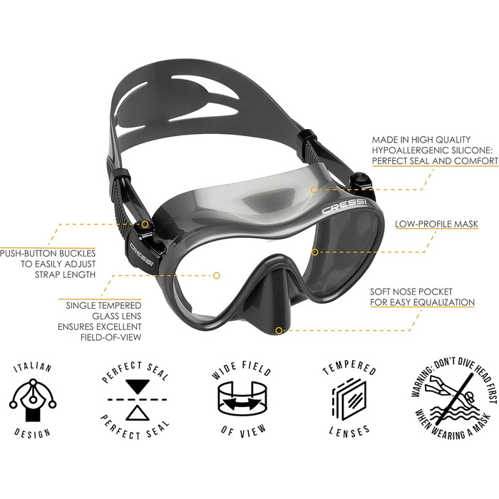 Безкаркасна маска F1 або комбінований набір Frameless Mask Snorkel Dry для дайвінгу та снорклінгу, One Size, маска унісекс Silver, 1 -