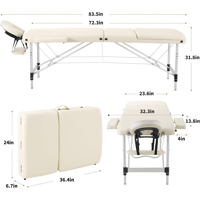 Портативний масажний стіл Panana Складний 3 зони регульований по висоті масажний стіл з підголівником і підлокітниками Масажна лава Алюмінієвий тату-стіл (бежевий)
