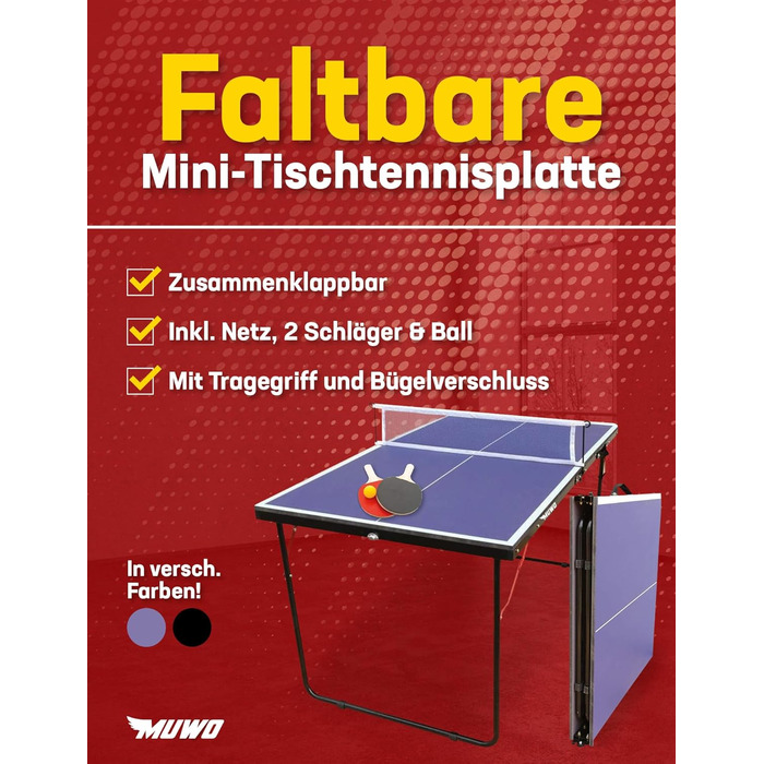 Закритий складаний міні-стіл для настільного тенісу MUWO, міцна сталева рама. Компактний, з ручкою для перенесення. 137 76 см, в т.ч. сітка, дві ракетки та м'яч для настільного тенісу чорний