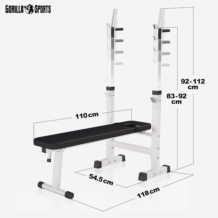 Лава для ваги GORILLA SPORTS - в т.ч. набір гантелей 38/70/100кг, полиця, станція занурення, регульована по висоті, складана, до 200 кг, чорна/біла - тренувальна лава з набором штанги, лава для штовхання, похила лава, плоска лава (f) біла 100 кг)