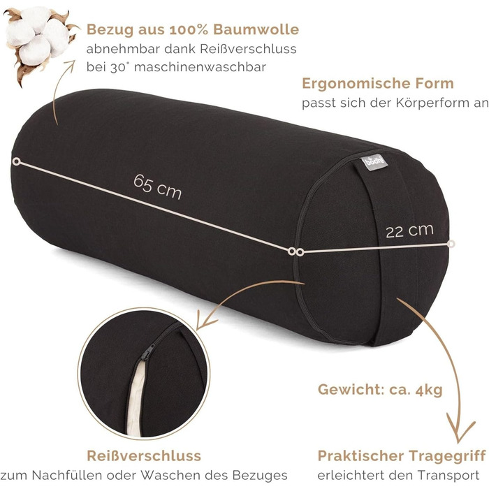 Рулон Bodhi Yoga Bolster Ø 22 см Рулет для йоги з органічною начинкою зі спельти Подушки для йоги для відновлювальної та інь-йоги Бавовняний чохол, який можна прати Подушка для пілатесу з ременем для перенесення (чорна)