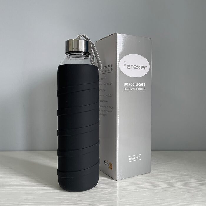 Скляна спортивна пляшка Ferexer з силіконовим чохлом, 900 мл, чорна
