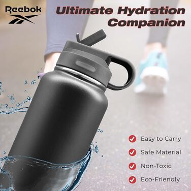 Reebok пляшка для води з нержавіючої сталі зі соломинкою, спортивний дизайн, ізольована, 900 мл, подвійні стінки, вакуумна, BPA-free, чорна