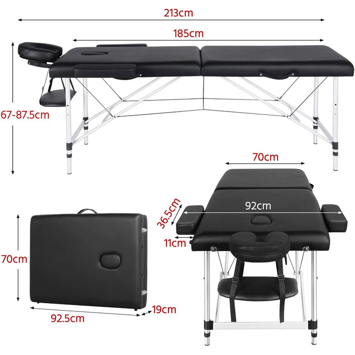 Мобільний масажний стіл Yaheetech шириною 70 см Алюмінієвий масажний стіл регулюється по висоті 2 зони Складний з сумкою для перенесення та підголівником до 250 кг Вантажний 213 x 92 см Чорний