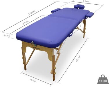 Масажний столик WELLCORE, складний, з дерева, штучна шкіра, 185 х 65 см, регульований по висоті, знімна голова, два подовжувачі, отвір для обличчя, синій, до 225 кг