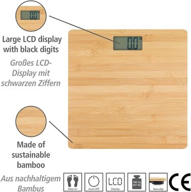 Ваги WENKO бамбук, цифрові, LCD, до 180 кг, з батарейками, натуральні