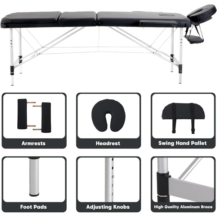Портативний масажний стіл Panana Складний масажний стіл з регулюванням висоти 3 зони з підголівником і підлокітниками Масажна лава Алюмінієвий тату-стіл (чорний)
