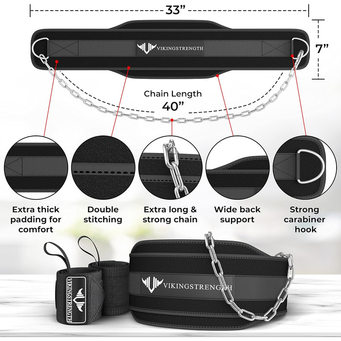 Джгут для дайвінгу Vikingstrength для важкої атлетики в т.ч. бандажі на зап'ястя Преміальний м'який ремінь з довгим ланцюгом для підтягувань, трицепсів і присідань. Пояс з обтяженням для тренувань