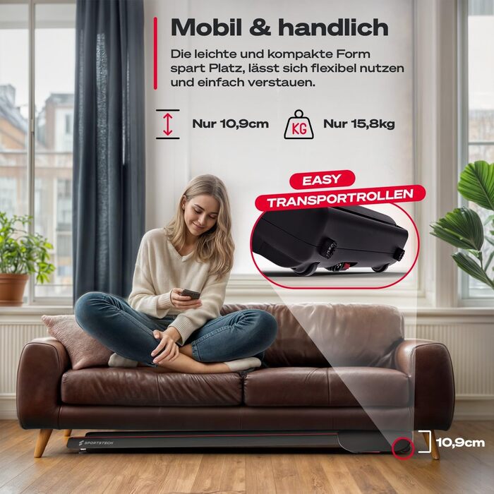 Бігова доріжка Sportstech Walking Pad до 6 км/год, ручний нахил 9%, дистанційне та додаткова керування, LCD-дисплей, крокомір, компактна, на колесах, до 120 кг