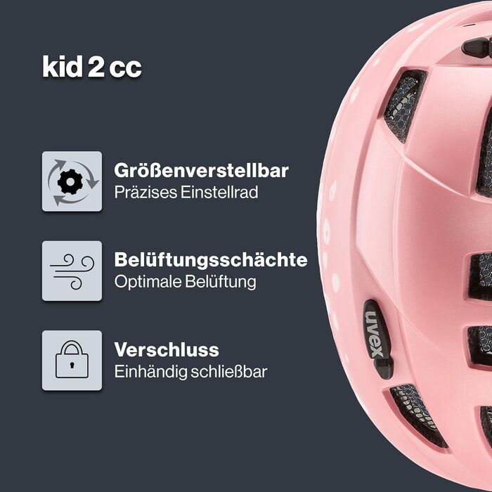 Дитячий велошолом uvex Kid 2 cc, легкий, регульований розмір, з можливістю встановлення LED-ліхтаря