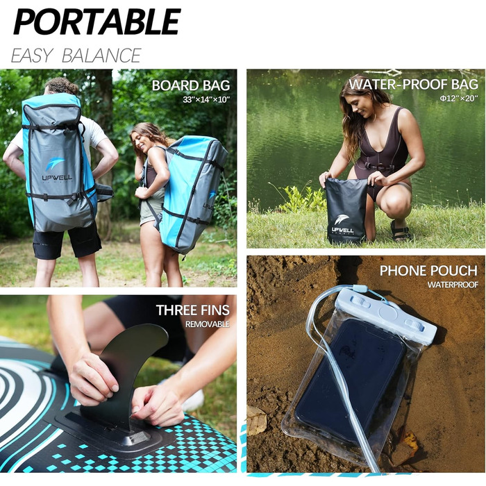 Надувна SUP-дошка UPWELL 11'/10'6'/10'2' з аксесуарами – рюкзак, ремкомплект, нековзке покриття, страхувальний лиш, 3 плавники, весло та ручний насос