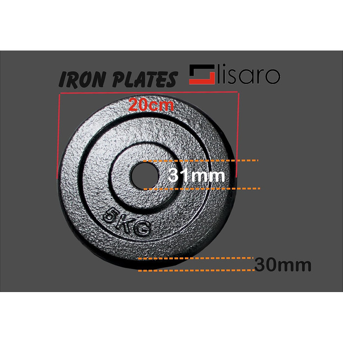 Набір вагових пластин Lisaro 20 кг, чавун 4x5 кг, Ø 30/31 мм