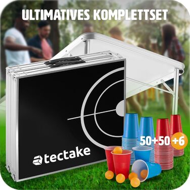 Стіл для Beer Pong tectake, складаний, регульований, з ручками, набір 100 келихів (50 червоних, 50 синіх) та 6 м'ячів, ігри для вечірок, питна гра для дорослих