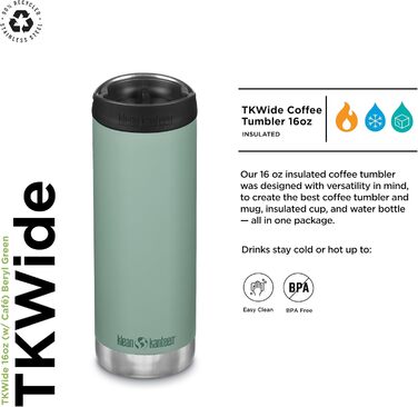 Термос Klean Kanteen Tkwide з кришкою Café Cap, нержавіюча сталь, бірюзово-зелений, 473 мл (16oz)
