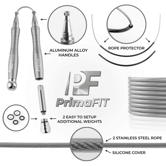 Скакалка PrimaFIT 3м з обважнювачами та протиковзкими ручками (срібло)