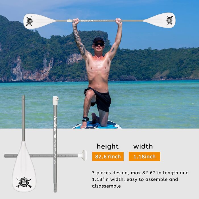 Весло для SUP FunWater, 3-секційне, регульоване, легке, плаваюче, з посиленими нейлоновими лопатями, для сапборду, біле