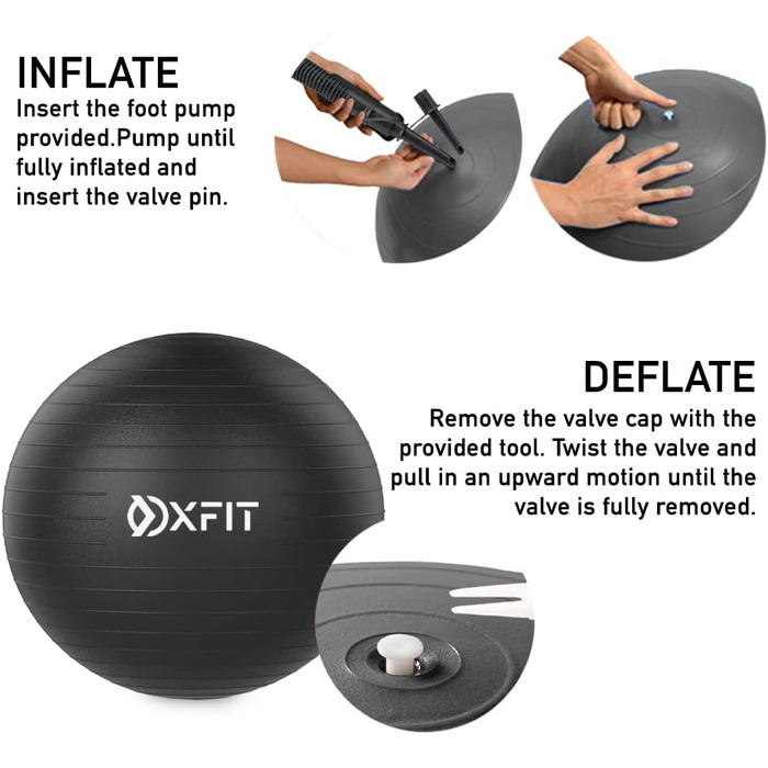 М'яч OXFIT 70-75см чорний - Anti-Burst, насос для ніг, Multi-Size