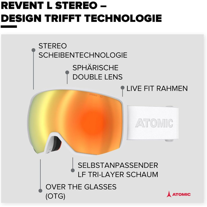 Гірськолижні окуляри ATOMIC REVENT L STEREO - Лижні окуляри з антивідблиском - Високоякісні дзеркальні окуляри для сноуборду - Окуляри з рамкою Live Fit - Лижні окуляри з подвійною лінзою (білі)