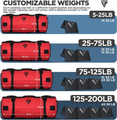 Ваговий мішок RDX для фітнес-силових тренувань, ненаповнений, 8 ручок, мішок з піском Core, 2-90 кг, ідеальний для багатьох тренувань (червоний, 25-75 фунтів)