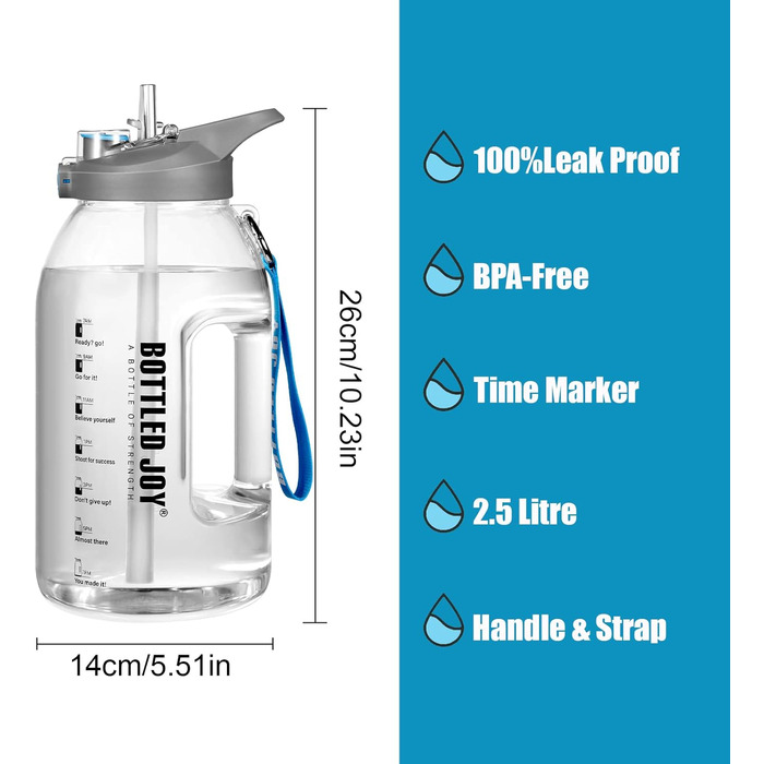 Пляшка для води JIMACRO з широким горлом, велика пляшка для води 2.5 л з позначкою часу, герметична пластикова пляшка для води без бісфенолу А, пляшка для води для тренажерного залу, фітнесу, на відкритому повітрі 2.5 л біла1