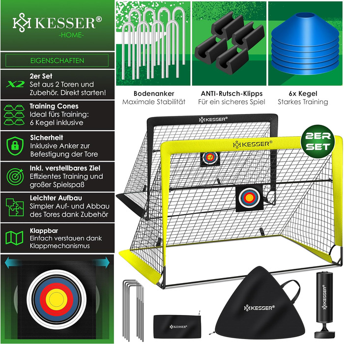Футбольні ворота Дитячий поп-ап набір з 2 шт. Футбольні ворота складні зі скловолокнистими стовпами та високоякісними сітками для воріт у приміщенні, на вулиці та в саду З транспортною сумкою 6 шт. Cap Ball Pump Target (жовтий / чорний)