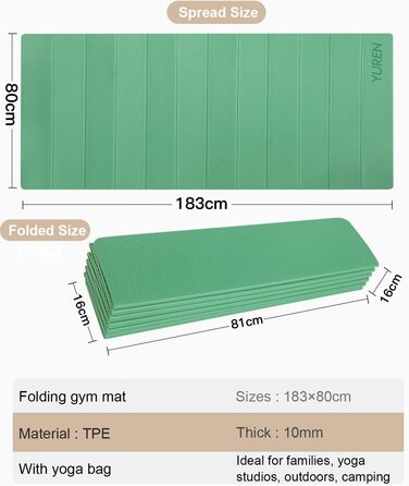 Килимок для йоги складний 183x80 см, товщина 10 мм, не ковзає, легко переноситься