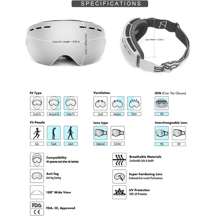 Лижні окуляри SPOSUNE OTG Окуляри для снігу для сноуборду поверх окулярів із сферичною подвійною змінною лінзою проти запотівання для чоловіків Жінки Молодіжні лижі Снігохід Окуляри та шолом сумісні, захист UV400 (сірий)