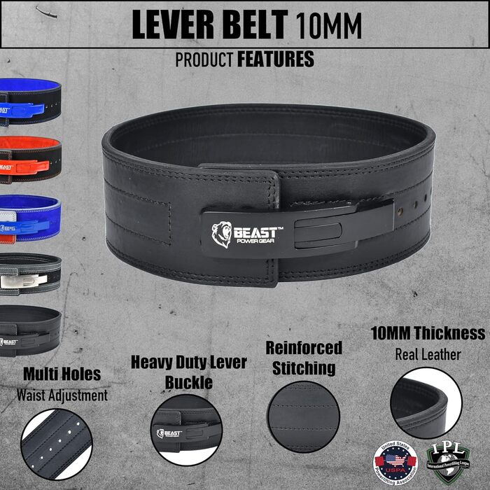 Пояс для важкої атлетики Beast Power Gear з важільною пряжкою, 10/13 мм, ширина 10,2 см, для пауерліфтингу, тяг, присідань, потужна підтримка спини