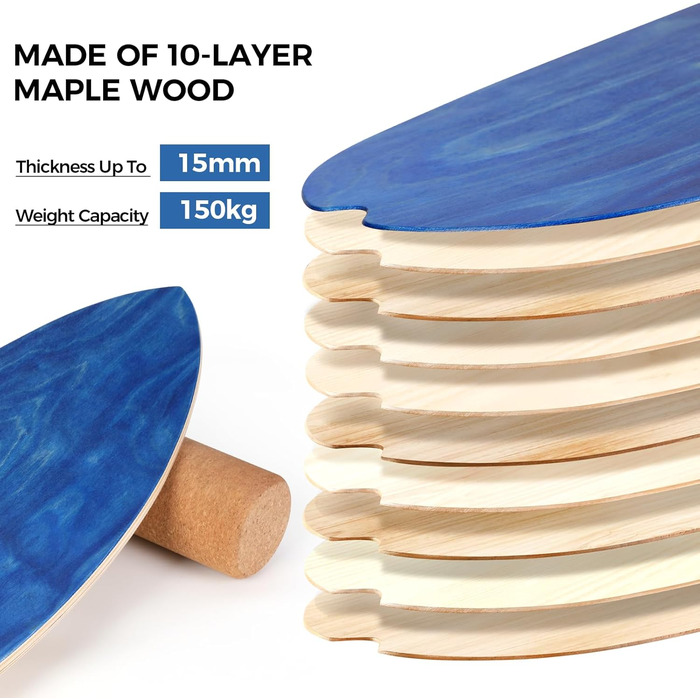 Балансборд, Балансборд товщиною 15 мм Корковий рулон 10 мм, Балансир Борд максимальне навантаження 150 кг, Балансборд для серфінгу та катання на ковзанах у приміщенні (синій)