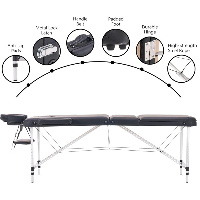 Масажний стіл YOUNIKE Складний 3-зонний масажний стіл шириною 60 см Регульований по висоті терапевтичний стіл Косметичний столик з алюмінієвими ніжками та сумкою для перенесення Тату-стіл, (чорний)