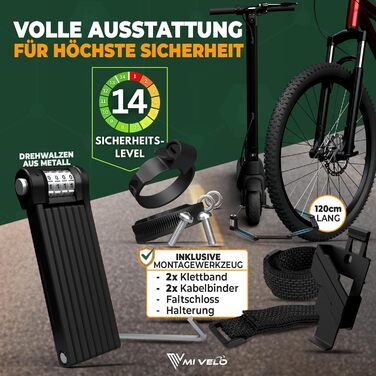 Складаний велосипедний замок MIVELO з кодовим механізмом, 120 см, для велосипеда та електросамоката, 10 000 комбінацій, з кріпленням, підвищена безпека