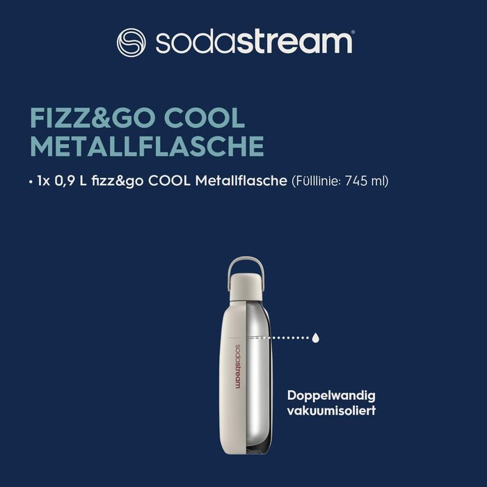 Термобутилка SodaStream Fizz&go COOL 0,9 л, металева, пісочна, сумісна з Duo/E-Duo/Terra, для газованої води, зберігає тепло/холод до 12 годин, без BPA, для посудомийної машини