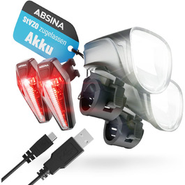 LED набір велосипедних фар ABSINA, USB, 200м, 100 Люкс, StVZO, передня та задня фара, акумуляторна велосипедна лампа