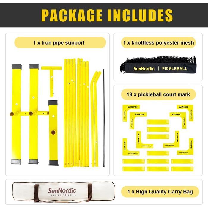 Портативна система сітки для піклболу SunNordic, сітка для піклболу довжиною 6,9 м для сімейних вправ, поліестерова сітка з атмосферостійким металевим каркасом і сумкою для перенесення, сітка для піклболу для всіх